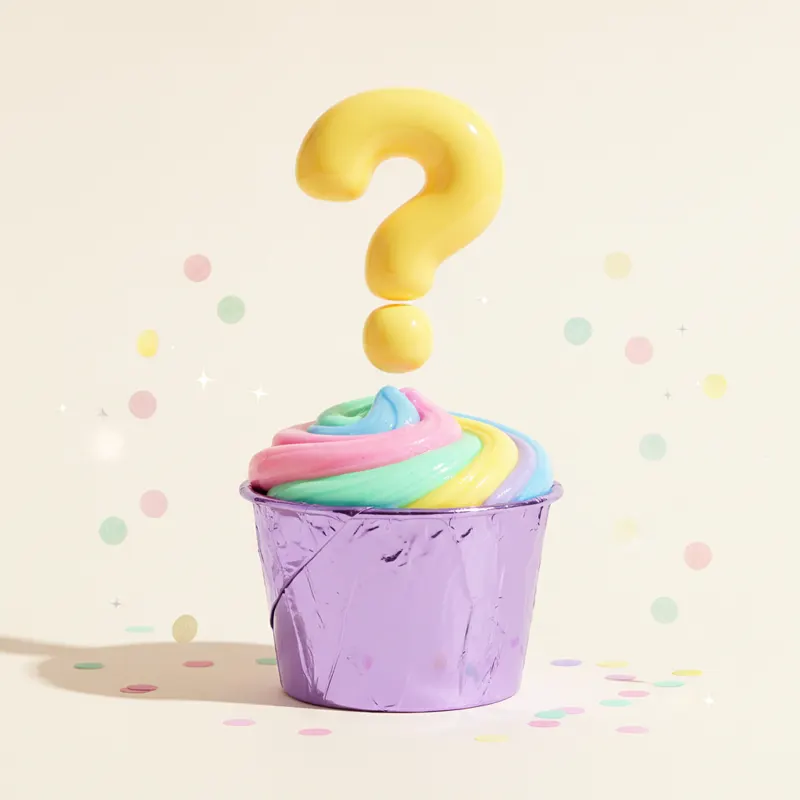 A sealed mystery slime cup wrapped in lilac foil with a question mark above it