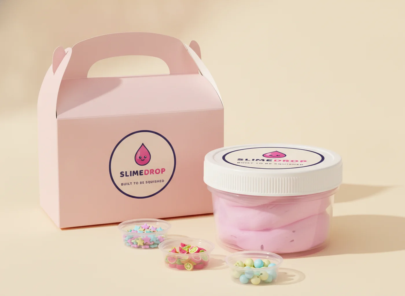 Pink SLIMEDROP gable box with its carry handle, a slime jar and three mini topping cups arranged in front of it