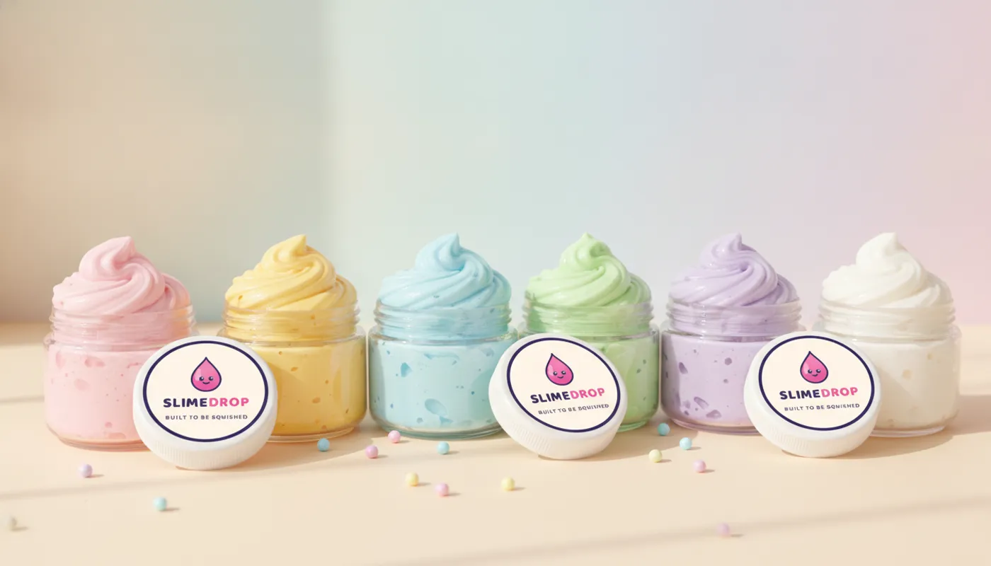 Six SLIMEDROP jars of pastel butter slime with hand-swirled tops and sticker lids
