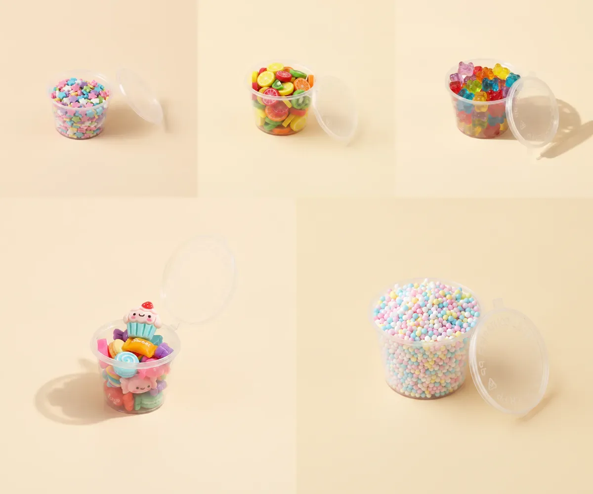 Mini topping cups: star sprinkles, fruit slices, gummy bears, charms and pastel foam beads