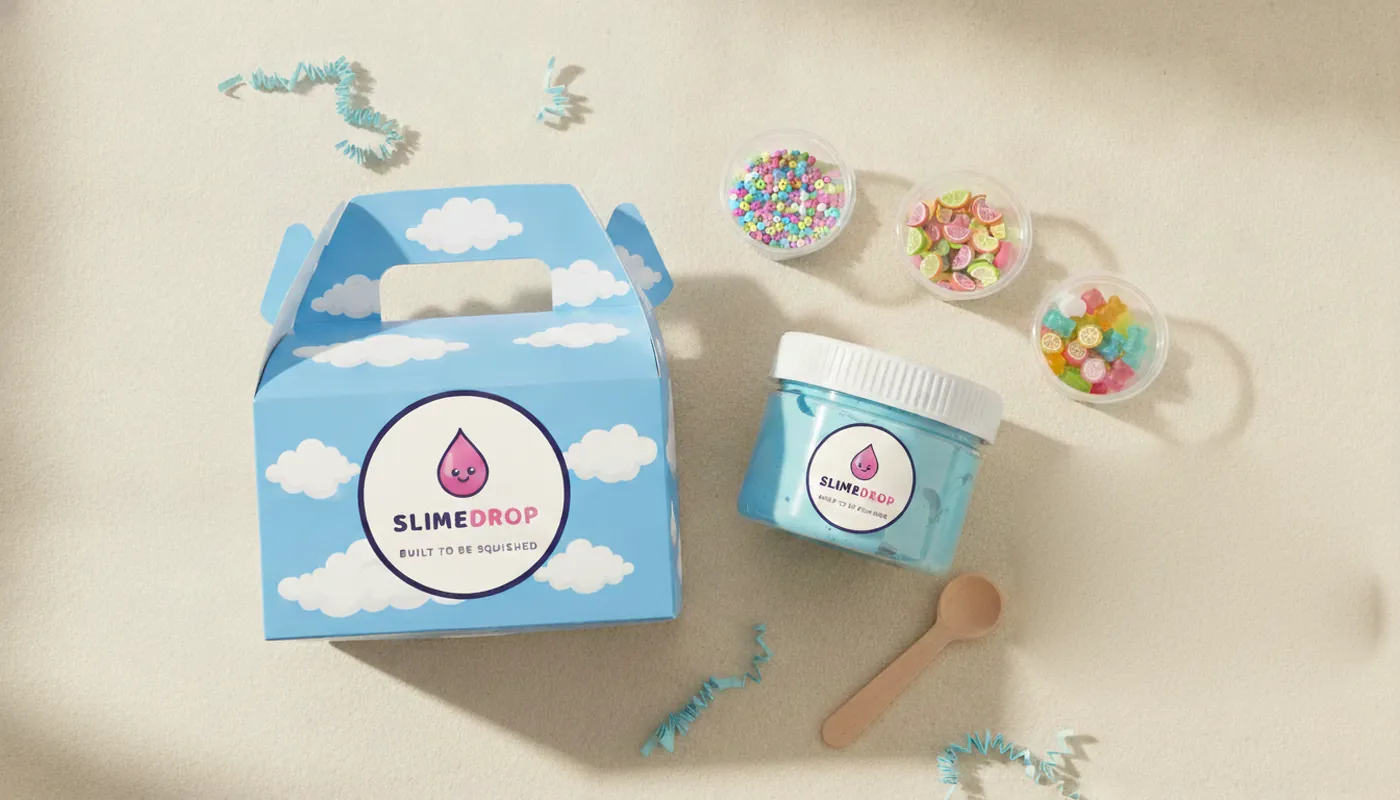 Flat lay of a cloud blue SLIMEDROP box with jar, topping cups and wooden spoon
